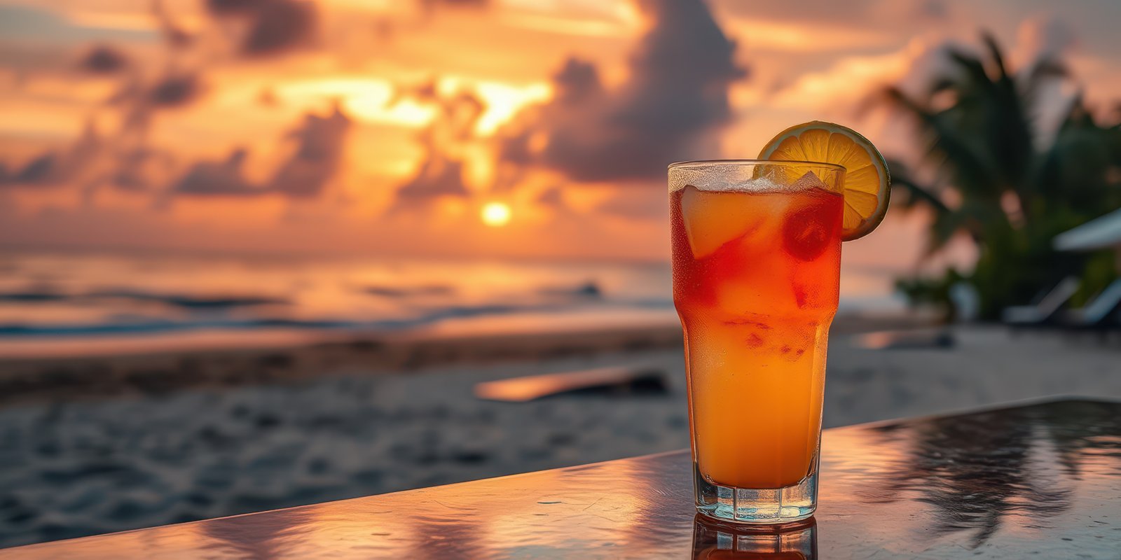 Sunset cocktail on the beach with vibrant colors and serene atmosphere creating a perfect relaxation moment